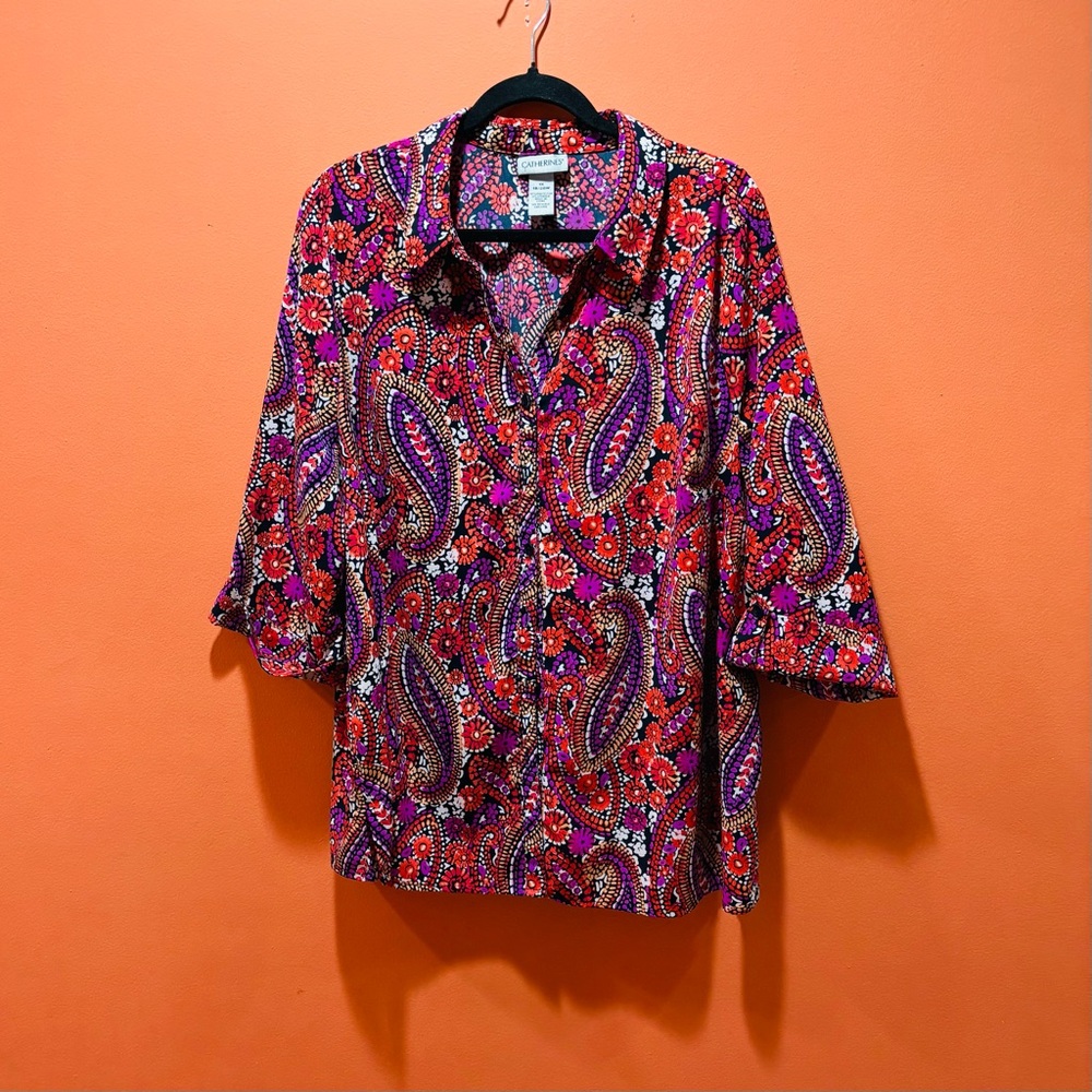 Catherines Blouse Plus Size 1X 18/20W Purple/Red Paisley Button Shirt 1/2 Sleeve